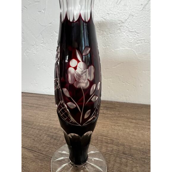 Vintage Ruby Cut Glass Bud Vase Floral Etched Crystal 8” Tall - Picture 7 of 10